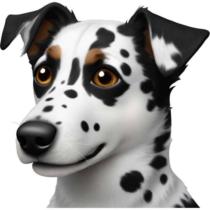 White and black blue heeler mix with black spots on nose, wavy fur emoji