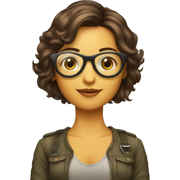 Una chica de cabello corto marrón, lentes de aviador, con una computadora  emoji