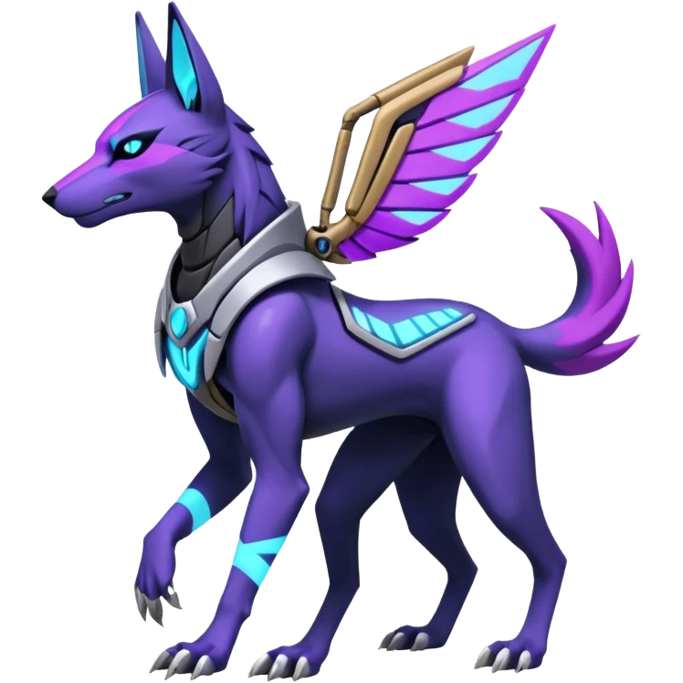 Silver and indigo and purple and violet cyberpunk intricate neon glowing grey white futuristic cyborg-Anubis-Zeraora-Zoroark-fusion (full body) emoji