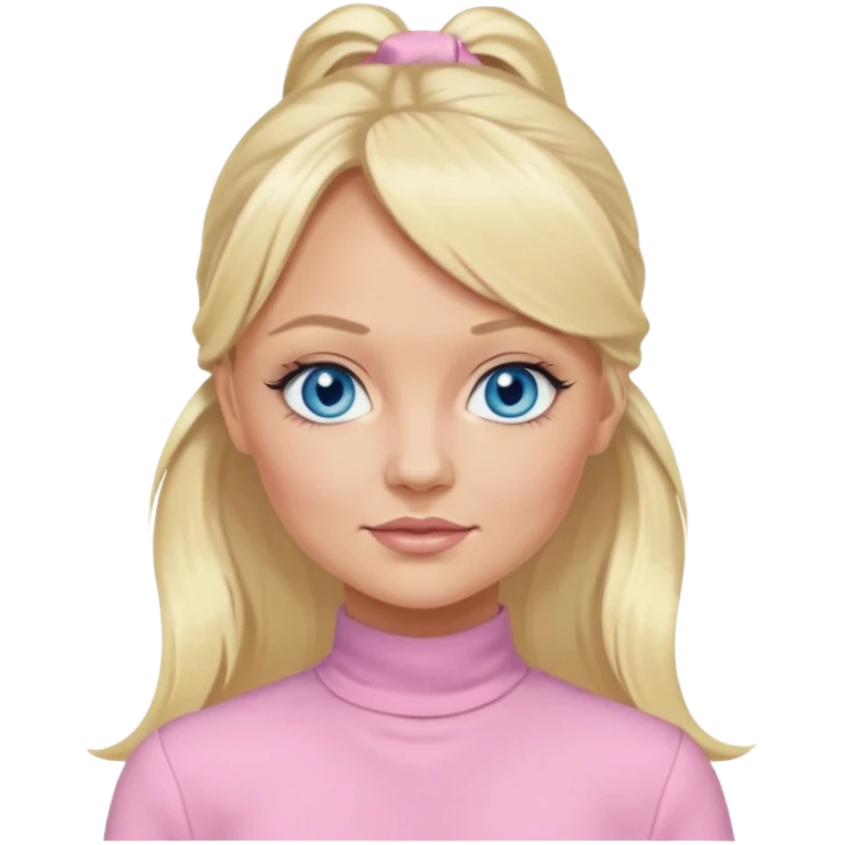 Emma Bunton blue eyes, long blonde ponytail hair, light pink outfit emoji