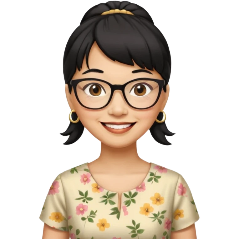filipino woman black hair in one pony tail with straight bangs and big glasses, 60 yr old, nice dress

 emoji