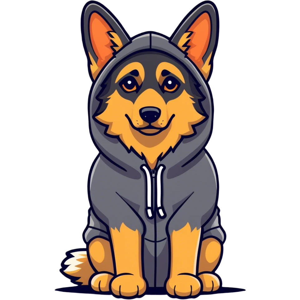 Long haired German Shepherd wearing a Hoody emoji