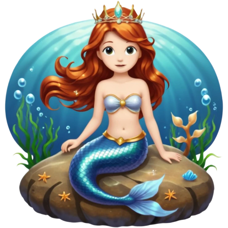 Mermaid with Shell Crown – Long flowing hair, shell tiar, sitting on rock emoji