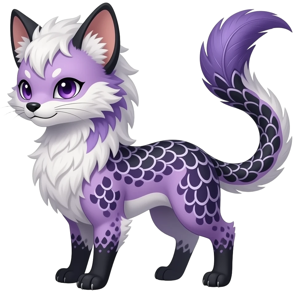 Ikat-patterned Slim stylish feather-maned elegant realistic Asian Furry, feathery fluffy tropical flecked painted feathery scaly, Purple, white, black, Minccino-Bambino-Lykoi-Linoone-Zangoose-fusion-hybrid-animal-Fakémon-creature, full body, thin long sleek scaly tail, intricate markings emoji