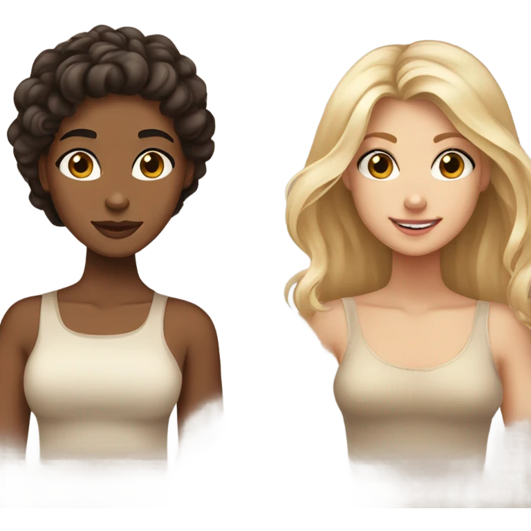 Girlfriends, one with brown eyes, dark hair and tanned skin, and the other with blond hair, blue eyes and fair skin emoji