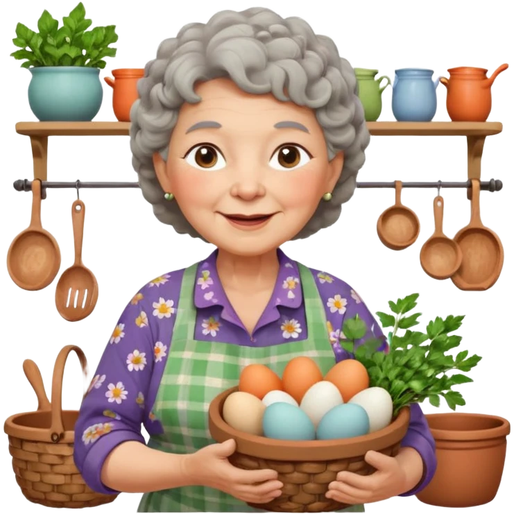 cheerful elderly rural woman, chubby cheeks, short curly gray hair, floral blouse, colorful apron, holding basket of eggs and herbs, pastel tones, expressive eyes, Chilean rural kitchen with clay pots, warm inviting lighting, clean vector look emoji