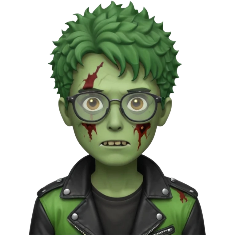 Hombre zombie de piel verde con chaqueta de cuero punk, pelo rizado corto y gafas emoji