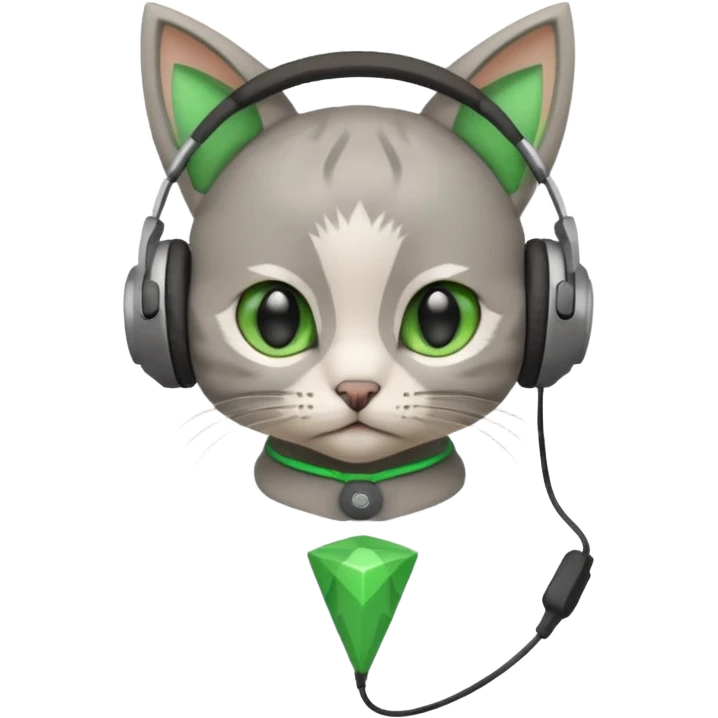 a small little grey kitten sitting on a seat and wearing headphones and there is a green rhombus over her head emoji