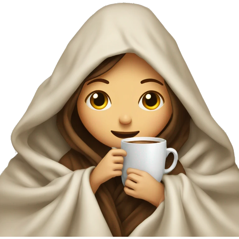 girl inside a blanket sipping coffee eyes closed, white  emoji