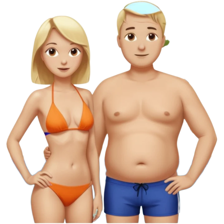 Emoji, 2 alte personen an der poolbar: 1x Frau sehr schlank mit mittellangem, blondem Haar, Bikini/ 1xMann: dicker Bauch, Halbglatze, Badeshorts.  emoji