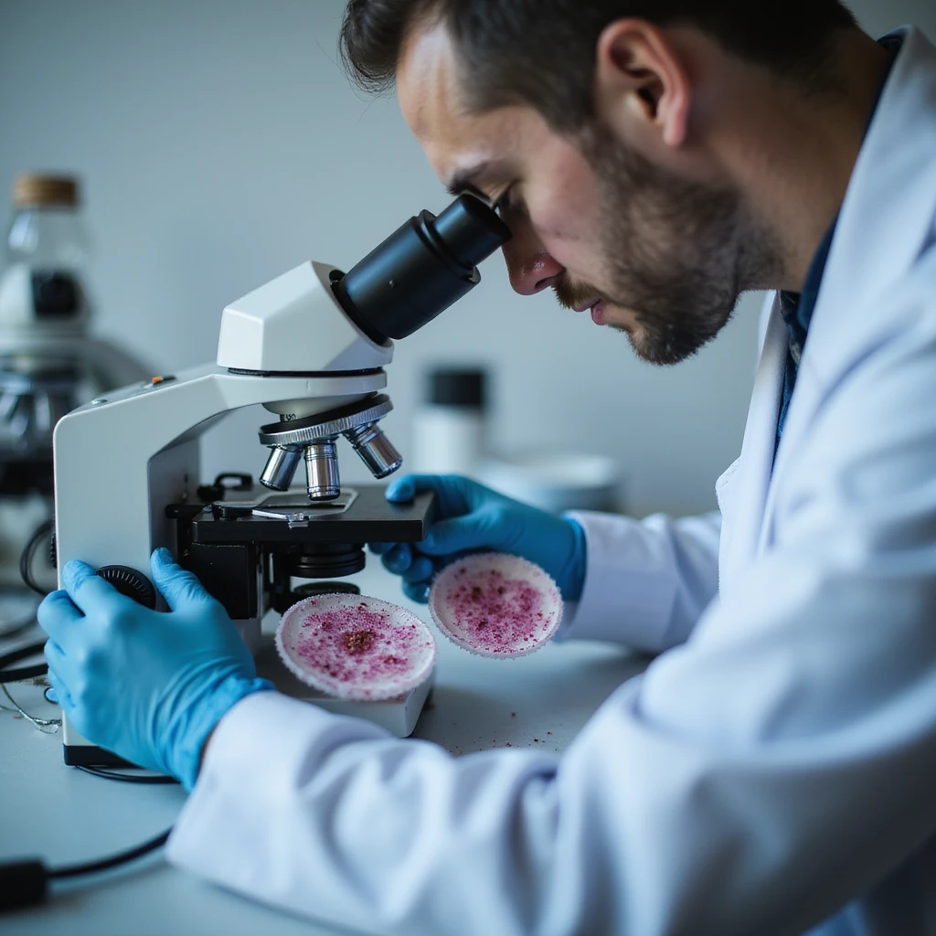 realistic doctor comparing two fecal slides under microscope, one with visible parasites and one without, clinical environment emoji