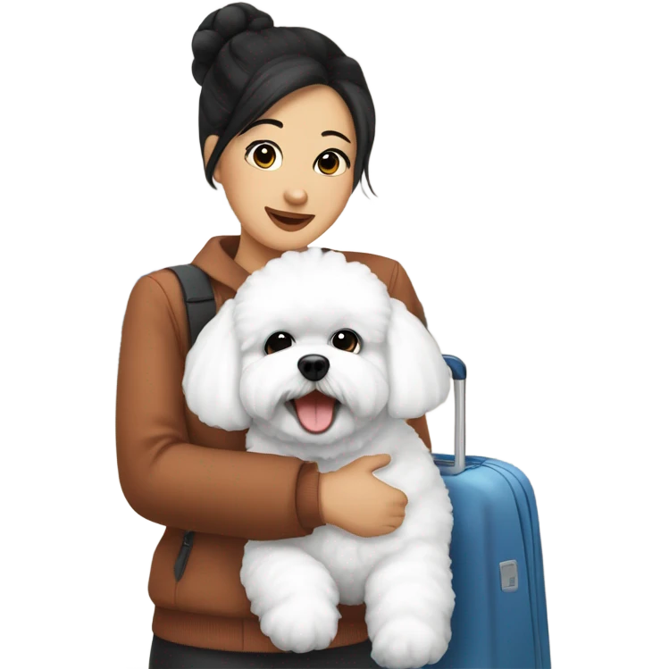 An Asian woman, with black hair in a bun, holding a cute and happy Bichon Frise at the airport  emoji