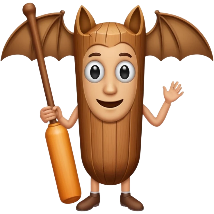 Make a wood tube with a face and wooden legs and arms and a bat emoji
