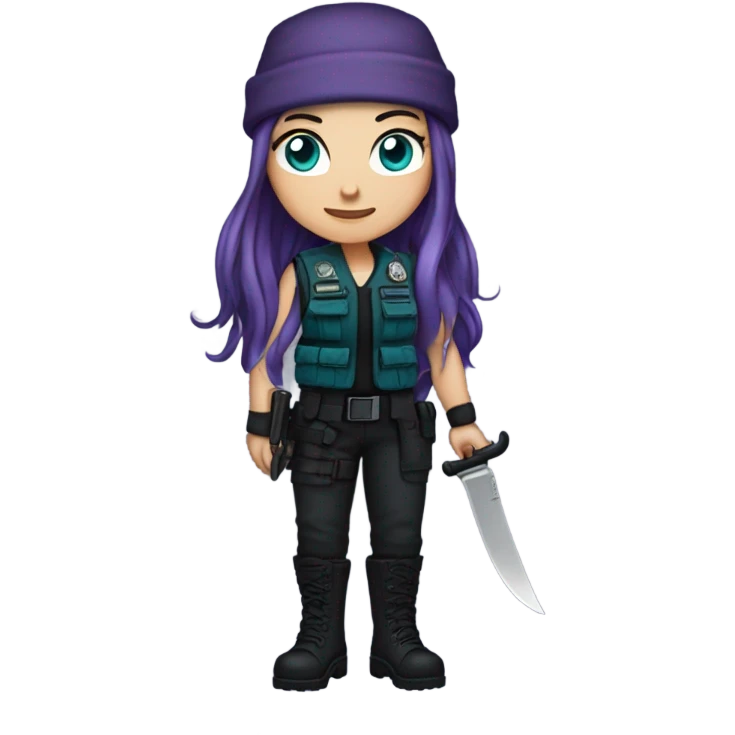 White Girl, tactical vest, dark pants, long teal hair, blue eyes, purple beanie hat, knife, black combat boots emoji