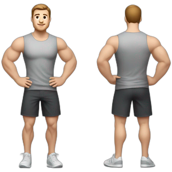 Full height realistic Actively gesturing with hands Pale skinned Fit Man With the biceps and brown hair in dark gray Sleeveless Mike, black oversize sports shorts, watch and white Sneakers emoji