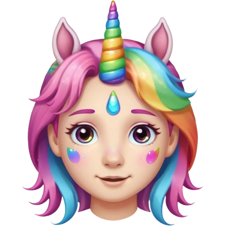 blush face subtle smile with cute eyes rainbow tears and a unicorn rainbow horn on its head emoji