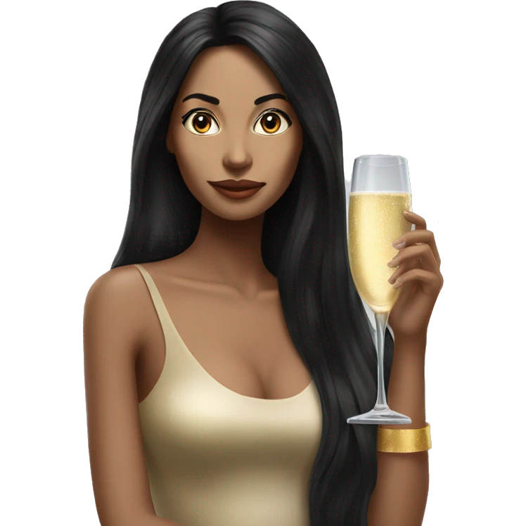 Hyperrealistic woman with black long hair drinks champagne emoji