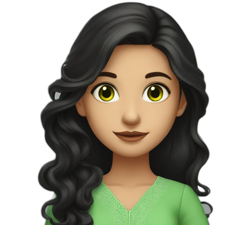 fair girl, green eyes, wavy black long hair, in salwar suit. Very pretty emoji