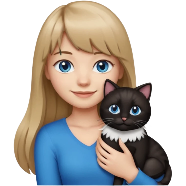 Apple-style emoji sticker of a young woman with long dark blond hair and bangs, blue eyes , holding a black-and-white cat on her chest, both smiling.  emoji