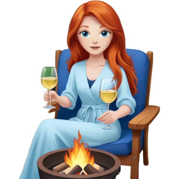 redhead with long hair and blue eyes holding white wine sitting in chair beside fire pit in backyard emoji