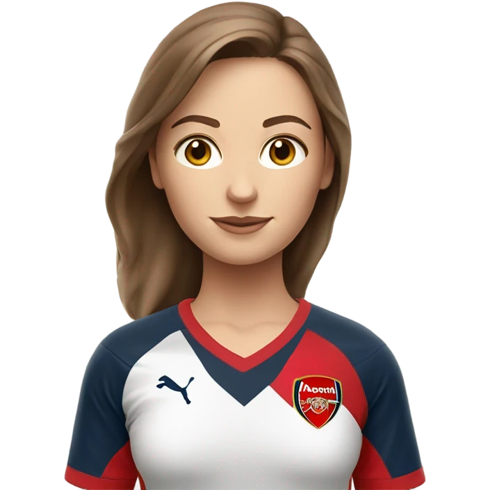 Pretty white woman with medium brown hair holding a soccer ball and wearing an Arsenal jersey emoji
