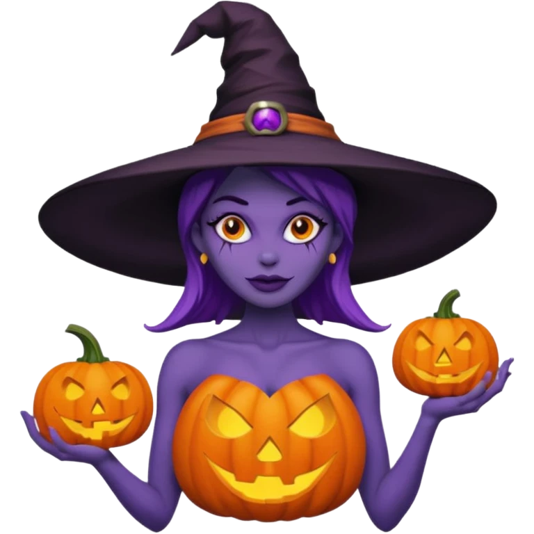 A naked woman with bare chest wears a carved pumpkin head and a witch hat with purple skin emoji