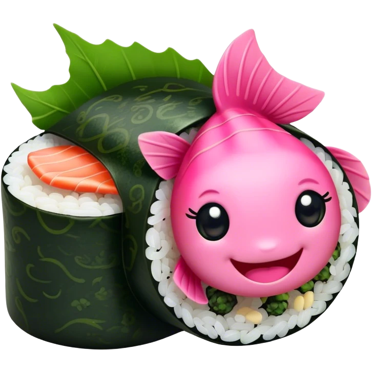 Cute Kawaii Maki Sushi Roll, small and round, wrapped in soft dark green seaweed, tiny grains of rice peeking out, a bright pink fish filling, a cheerful smiling face! emoji