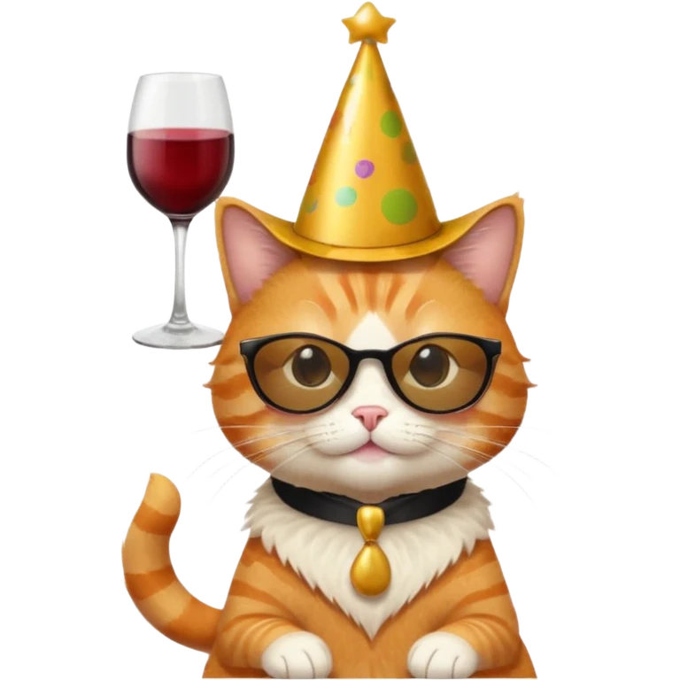 happy cat with a huge gold birthday hat, black sunglasses, and a wine glass emoji