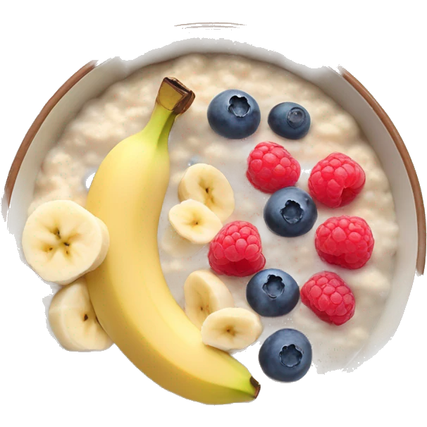 Porridge bowl with banana slices and blueberries and raspberries emoji