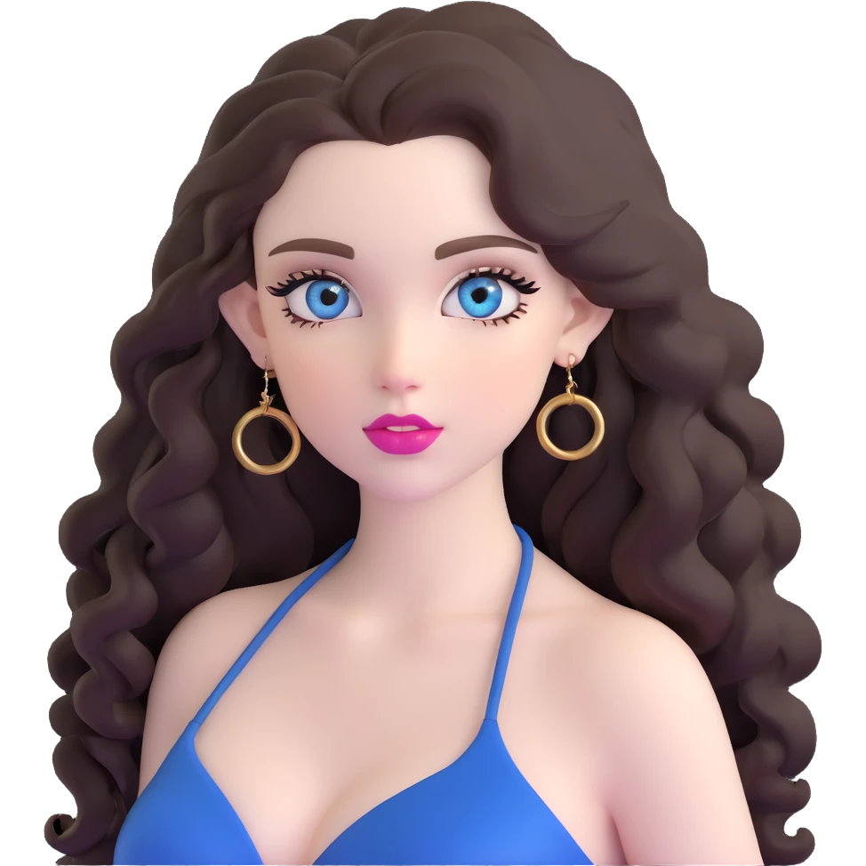 beautiful girl with big blue-grey eyes, long lashes, pale skin, pink lips, long voluminous dark brown curls, gold hoop earrings, silky halter top emoji