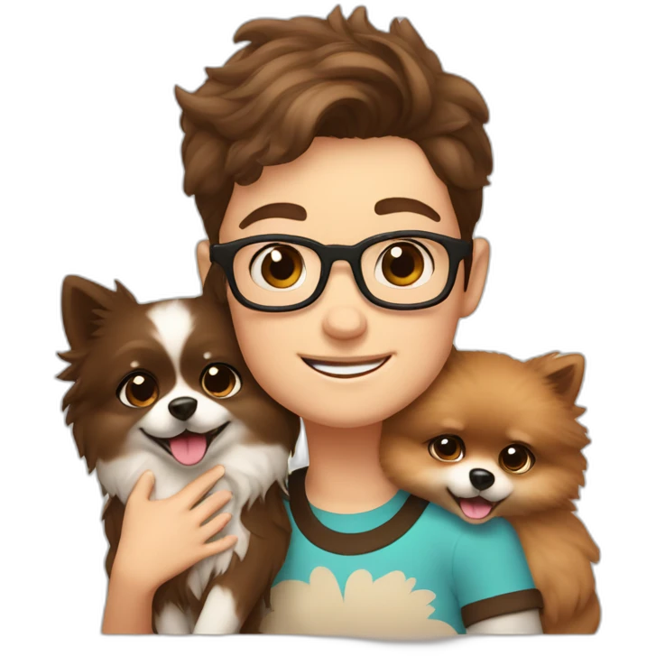 Boy in glasses and brown hair girl hug their cream color pomeranian  emoji