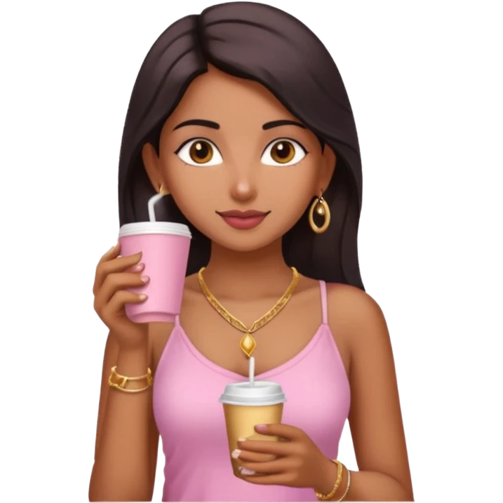 a pretty fair indian bratz girl with a pink cami top, drinking takeaway coffee, golden dainty necklace emoji