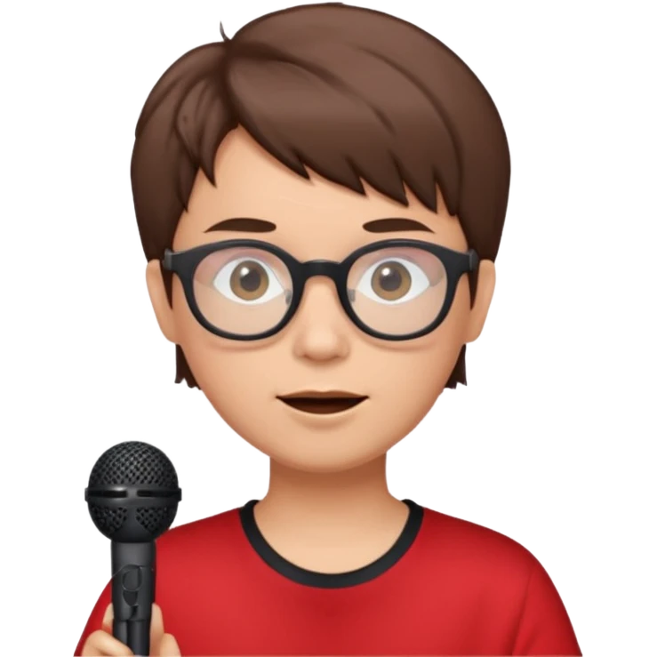 singer, Old, brown short hair, holding mic, red shirt glasses emoji