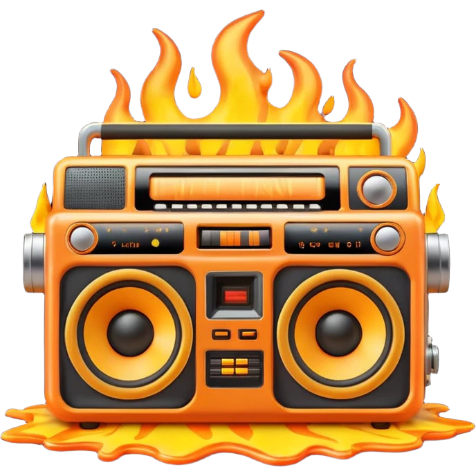A cute 3D emoji of a retro boombox speaker with a funny shocked face, melting into orange and yellow flames, vibrant "fire" colors, high-end 3D render, white background. (This is a recreation of the fire emoji) emoji