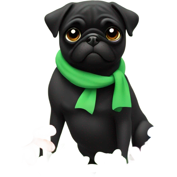 Black pug , surrounded by flowers, holding a green sign that says “good luck”  emoji