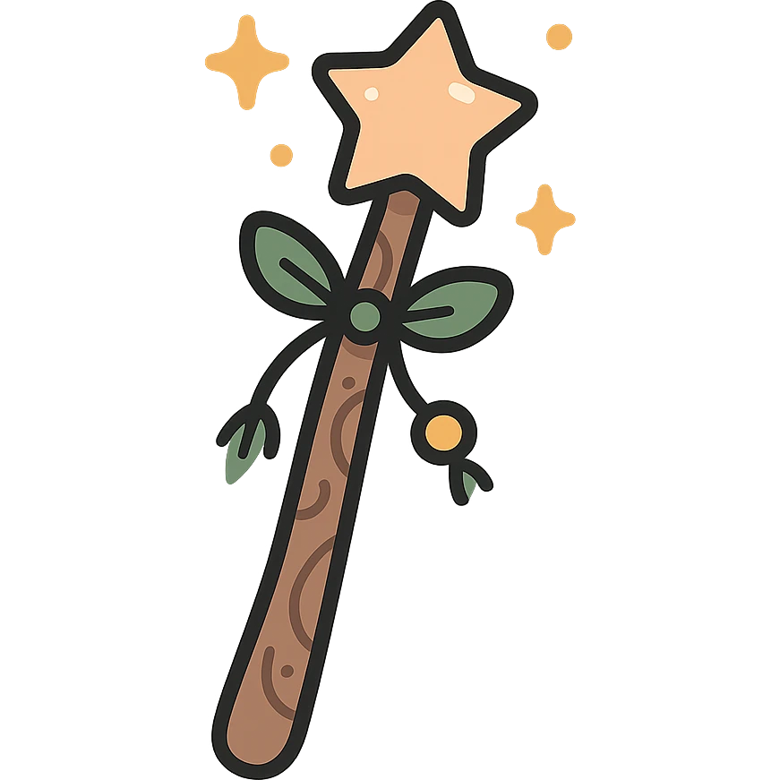 A cute and magical wand with an elegant, whimsical design, incorporating a color palette of golden orange (FA9B41), forest green (4A7C5C), soft taupe brown (96775A), and pastel peach (FFCC9A). The wand is slender and slightly curved, made of smooth wood with delicate carvings. At the top, there's a glowing gem or star in peachy tones, surrounded by tiny sparkles. Decorative elements like a ribbon, tiny leaves, or a small charm add a cozy, storybook-like charm. The overall look is gentle, enchanting, and magical, perfect for a forest fairy or a kindhearted young wizard. emoji