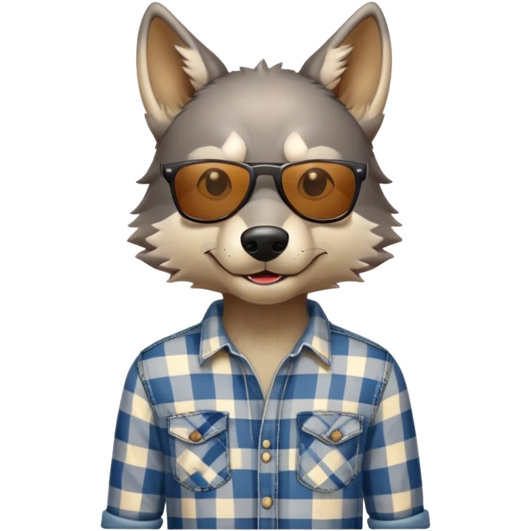 head and shoulders friendly anthropomorphised wolf in plaid shirt and jeans, wearing dark sunglasses, upright pose emoji