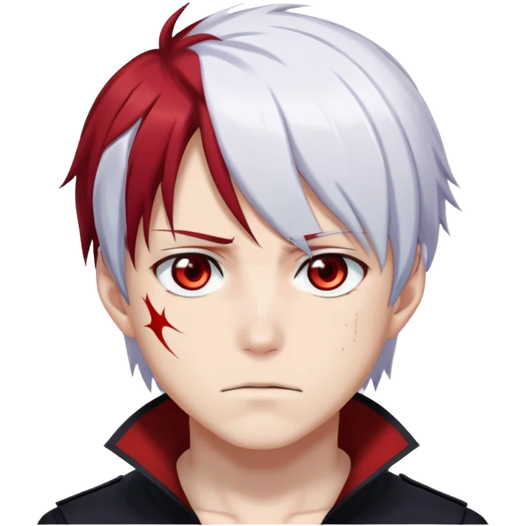 Shoto Todoroki face only, left side white hair, right side red hair, heterochromatic eyes, burn scar on left side of face, serious expression emoji