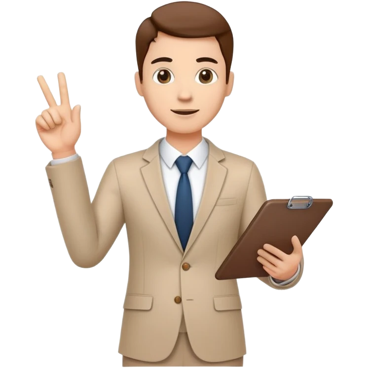 professional character standing and gesturing with one hand, while holding a clipboard or tablet in the other. The character wears smart casual business attire. emoji