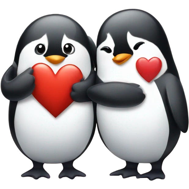 Penguin giving a red heart shape to another penguin emoji