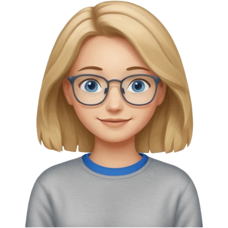 мила дівчинка з пшеничним та трохи хвилястим волоссям до грудей з голубими очами та в окулярах в сірому світшоті посміхається emoji