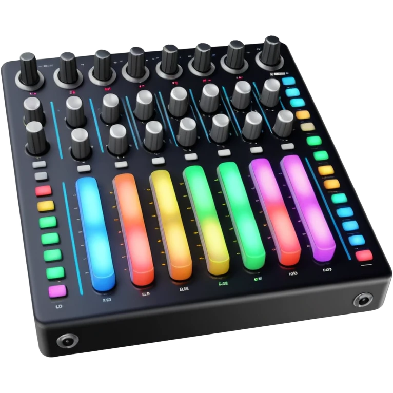 The long DJ mixer features faders, EQ knobs and multi-colored LEDs. emoji