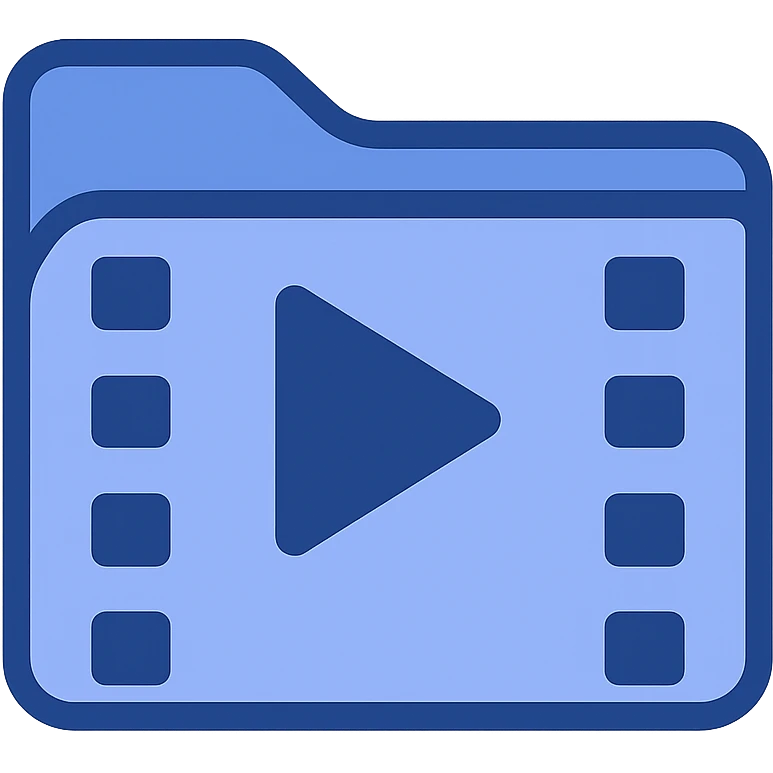 Create a video folder icon in flat blue clip art style using three blue shades from the palette. The icon should be minimal with a folder shape featuring a play button and filmstrip details. No text. Match the style of previous blue folder icons shown in the references. emoji