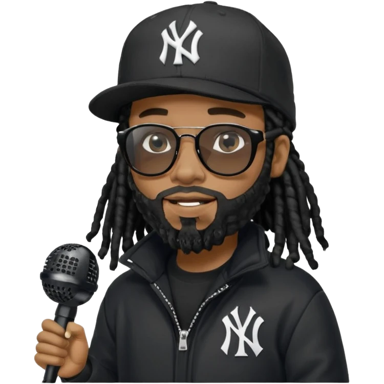 African American man with beardwith shoulder length black dreadlocks wearing black sunglasses with black bubble winter coat wearing black New York Yankees baseball hat rapping into a microphone emoji