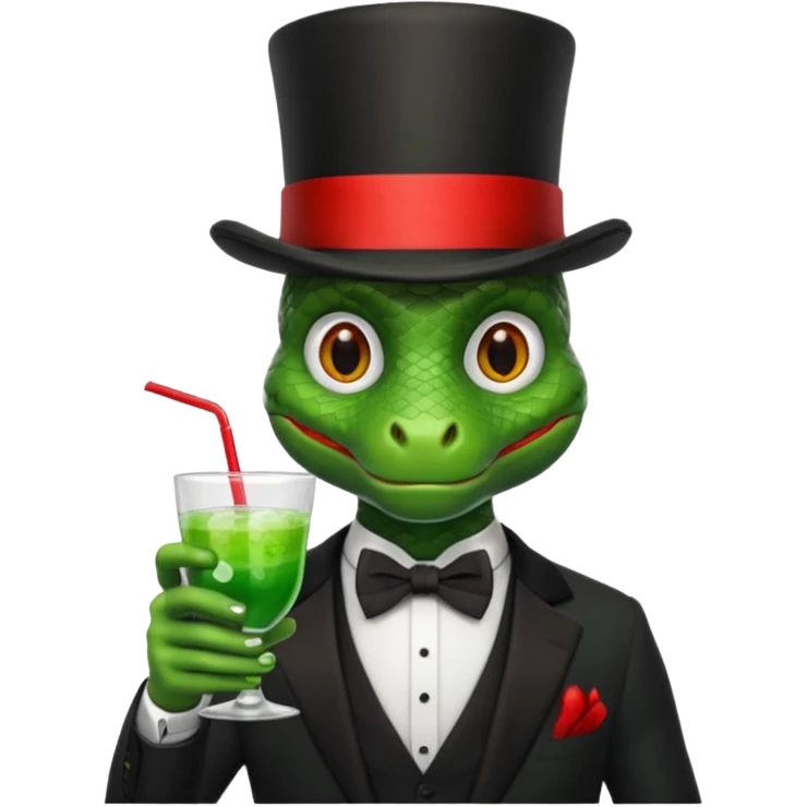 snake wearing suit, bowtie and top hat, holding a glass of green drink emoji