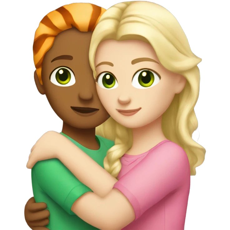 A blonde white girl with green eyes in pink hugs an orange tiger emoji