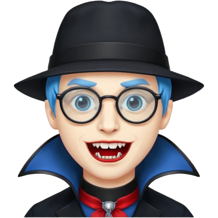 
vampire with blue hat,black coat with read collared ,teeth looks like vampire, with glasses emoji