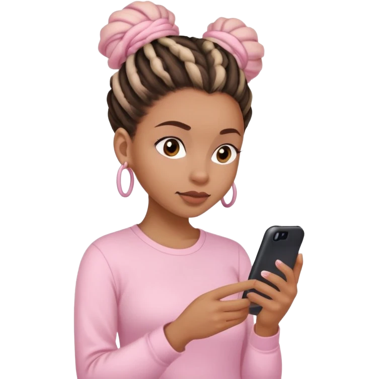 Dark brown woman wearing a light pink shirt and dreadlocks in bun texting on a Light pink phone emoji