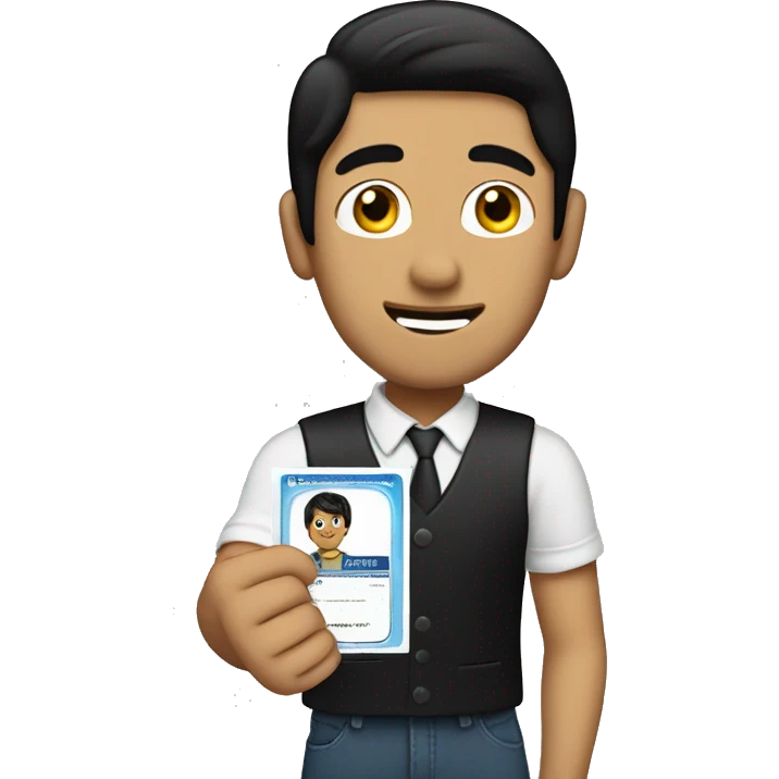 Create an emoji of a guy with black hair being proud holding and showing his license on his hand emoji