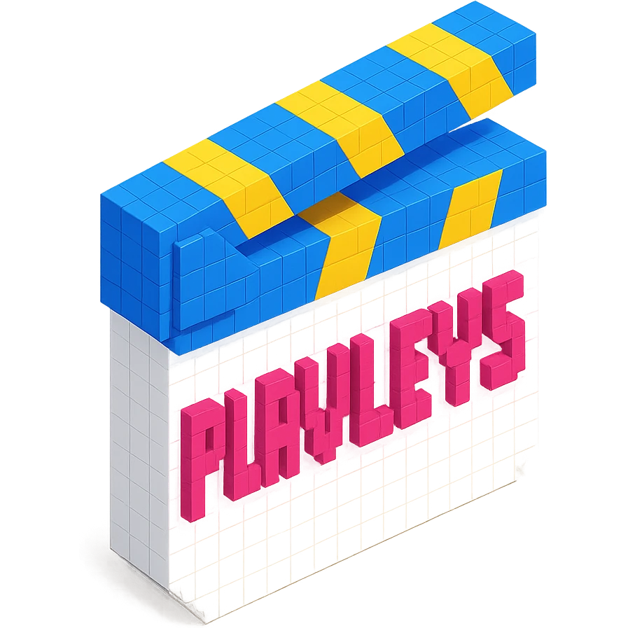 voxel style movie clapperboard, white body, blue and yellow lid, pink text 'PLAVLEYS', isometric view emoji
